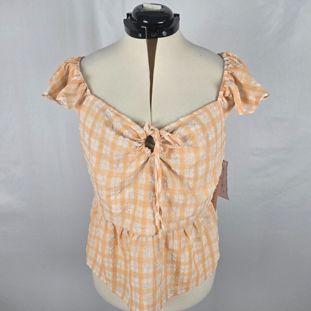 Sweet Rain Blouse Women's 2X Peach Cream Plaid VNeck Key Hole Tie Cap Sleeve NWT